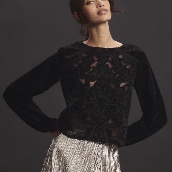 Anthropologie The Lainie Black Long-Sleeve Lace Cutwork Blouse Velvet Edition XL - Picture 1 of 13